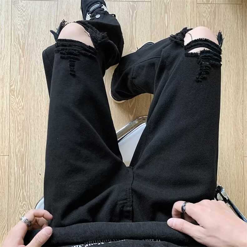 潮牌ins高街复古水洗破洞蓝色牛仔裤男排扣黑色开叉修身乞丐长裤图片