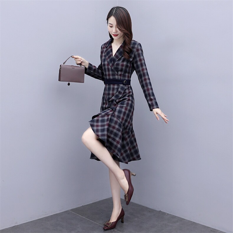 时尚格子木耳边鱼尾连衣裙春季新款修身显瘦长袖裙装,女装连衣裙,岚衣(原川流布茜）