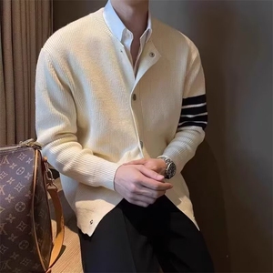 港风秋款男女开衫单排扣毛衣三条杠条纹拼接针织衫外套M17 P58图片