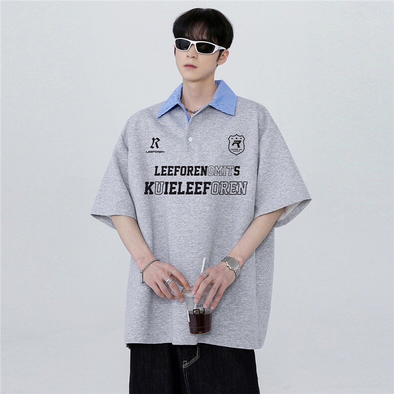 美式复古痞帅炸街翻领假两件拼接条纹潮牌短袖POLO衫T354-P48,男装Polo衫,电商C307