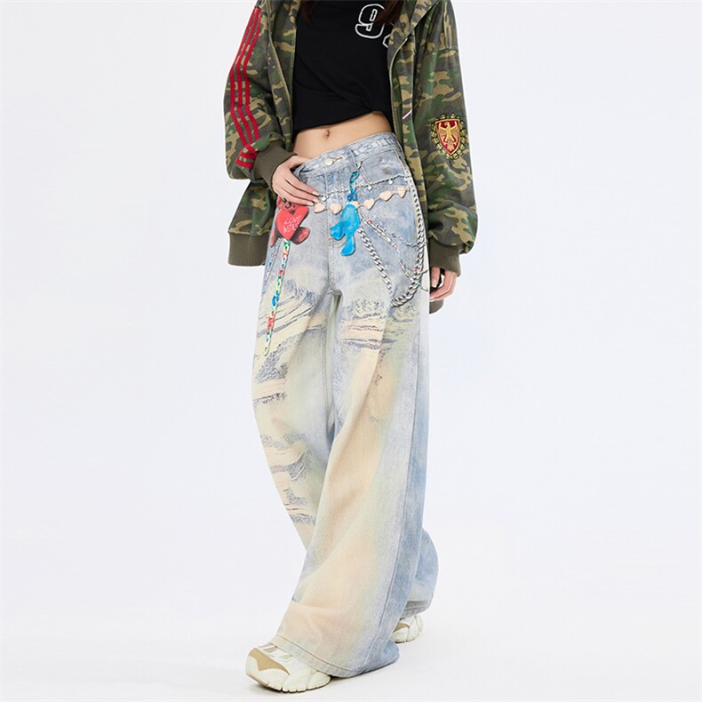 小熊印花牛仔裤女2025秋冬季复古小众水洗阔腿拖地裤YD9060-P75,男装牛仔裤,星座509