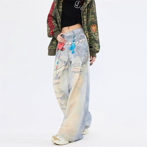 小熊印花牛仔裤女2025秋冬季复古小众水洗阔腿拖地裤YD9060-P75图片