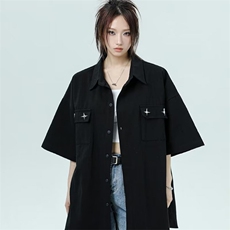 潮牌金属十字架短袖衬衫男女高街嘻哈oversize半袖衬衣外套，男装衬衫，星座601-2