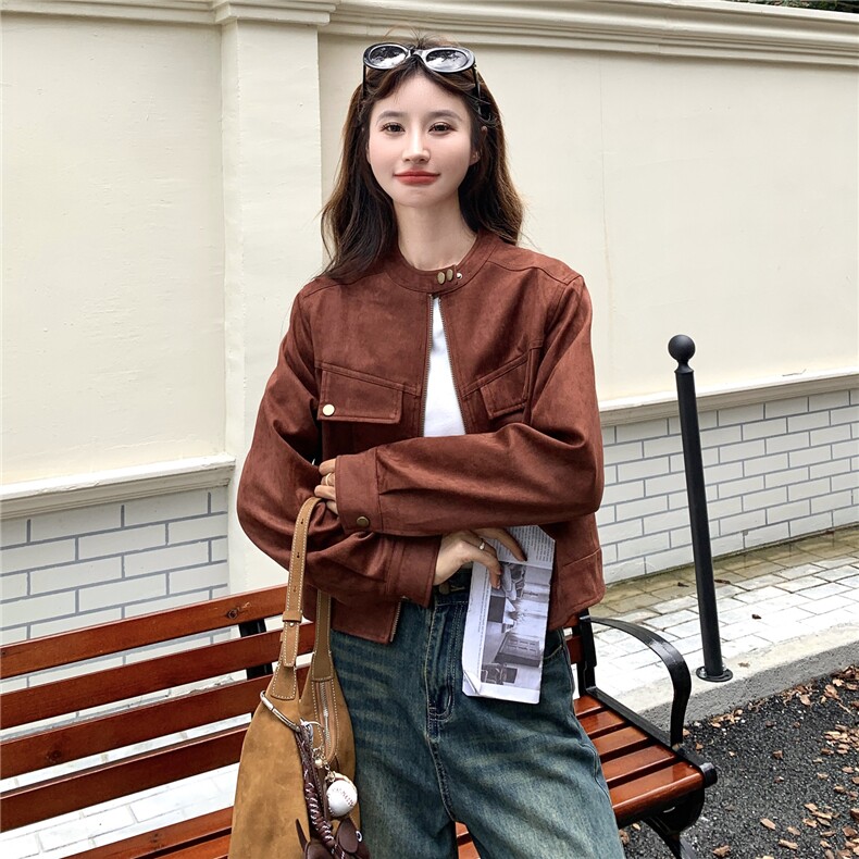 高级小众复古美式红色麂皮外套女春秋超火好看漂亮正肩短夹克上衣,女装短外套,2C273