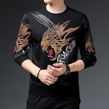 2023新款中年卫衣潮流印花秋季薄款春装圆领t恤长袖高端时尚男装，男装卫衣，电商B212（原钱塘6029）