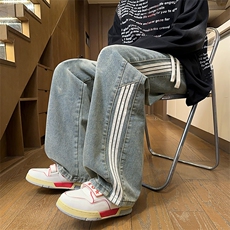 美式条纹拼接直筒牛仔裤男宽松阔腿裤休闲长裤25XK67023特批40，男装牛仔裤，电商A042