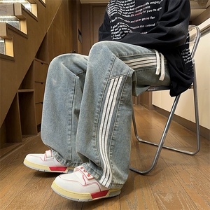 美式条纹拼接直筒牛仔裤男宽松阔腿裤休闲长裤25XK67023特批40图片