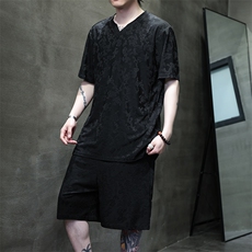 2026夏季风男装套装针织龙纹提花唐装套装短袖+短裤A100-P85，男装牛仔裤，电商B277(原6028)