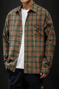 204-CS06-P45 黑强 自制短袖衬衫男短袖ins潮牌休闲宽松格子衬衣图片