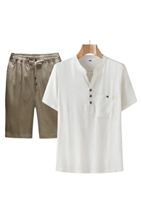 高端夏男中年风亚麻套装中年短袖T恤套装棉麻短裤608808-P115图片