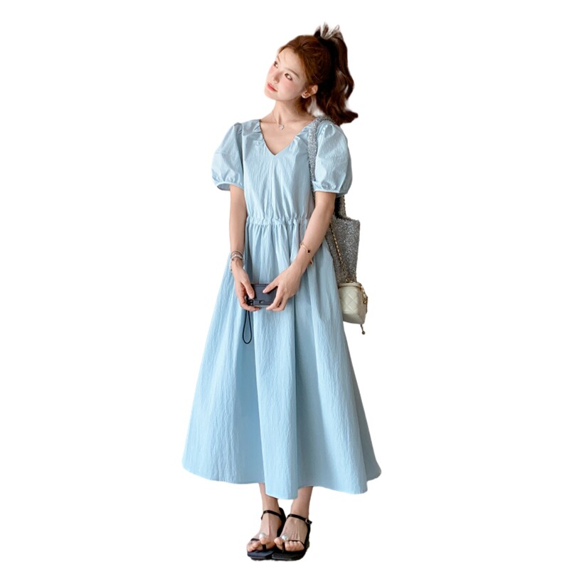 蓝色简单大方的连衣裙女夏季2025新款法式气质少女泡泡袖公主裙子,女装连衣裙,2C159
