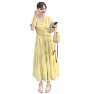 2025法式V领气质仙气黄色拼接夏新款女士裙子收腰显瘦中长连衣裙图片