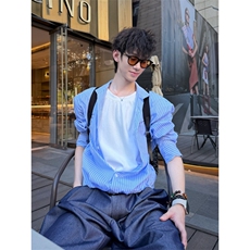 C316CS2521P68拼接撞色长袖衬衫假两件衬衣时尚百搭蓝色潮，男装衬衫，电商C316