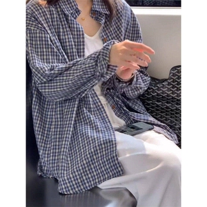 格子衬衫女春秋款内搭叠穿休闲显瘦衬衣外穿长袖上衣 C04图片
