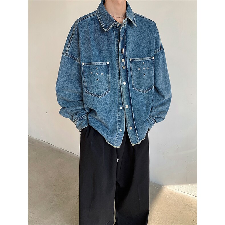 春季美式复古朋克金属装饰下摆毛边潮流牛仔外套JK014P115,男装工装外套,星座512-1（原513-3）