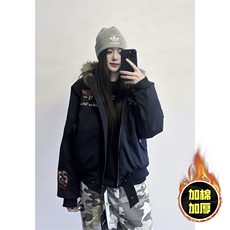 现货高品质美式高街重磅刺绣座山雕大毛毛领棉衣男女加厚棉服外套，男装棉衣，电商A486