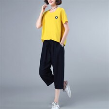 HANYU夏装新款两件套装女T恤小衫女小雏菊绣花点缀宽松显瘦，女装套装/套裙，涵誉
