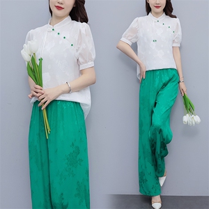 芷墨新款复古新中式简约日常改良汉服盘扣上衣裤子俩件套套装女装图片