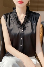 2025春季新款小香风木耳边无袖衬衫女休闲质感缎面V领打底衫背心，女装T恤，羊特美羊绒