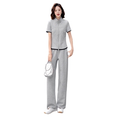 女夏新款小个子时尚休闲套装欧货纯色短袖拼接上衣高腰长裤两件套，女装套装/套裙，江南