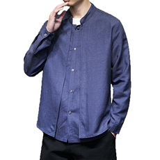 秋装风亚麻衬衫新中式长袖假两件上衣大码棉麻衬衣9030/P85，男装衬衫，钱塘713