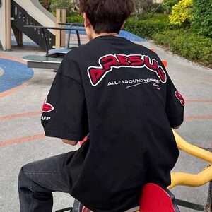 B0553-P35毛巾绣减龄宽松百搭夏季新款短袖情侣t恤图片