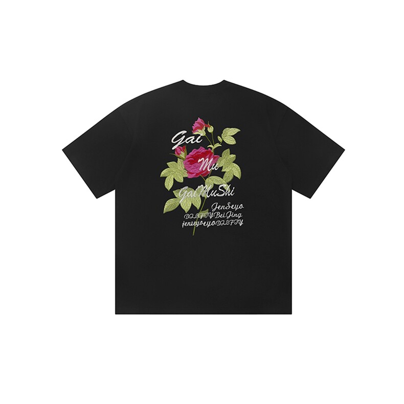 网图有货美式复古刺绣玫瑰花情侣t恤男女原创宽松上衣A408-P35,男装T恤,星座1505
