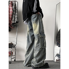 复古工装牛仔裤男秋冬美式高街宽松阔腿直筒裤休闲长裤N2255-p55，男装牛仔裤，星座1008