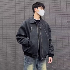 美式金属装饰PU皮衣夹克男女宽松机车服飞行员皮外套W6473-P65，男装夹克，星座412-1