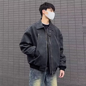 美式金属装饰PU皮衣夹克男女宽松机车服飞行员皮外套W6473-P65图片