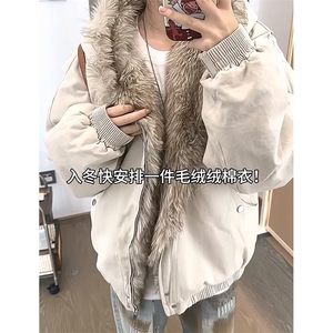 现货高品质美式高街冬季重磅硬挺短款座山雕毛领棉衣男女加厚外套图片