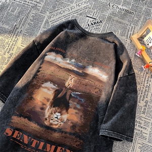 水洗做旧纯棉短袖T恤男款夏季潮牌蜡染美式复古宽松情侣半袖体恤图片