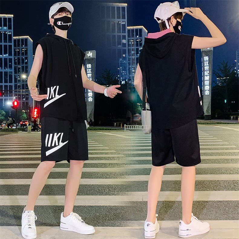 夏季情侣装青少年纯棉宽松无袖T恤连帽运动背心套装男TZ267-P60,男装背心/马甲,电商A441