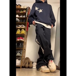 潮美式高街三条杠侧边条纹工装裤男潮牌宽松直筒休闲长裤ins潮图片