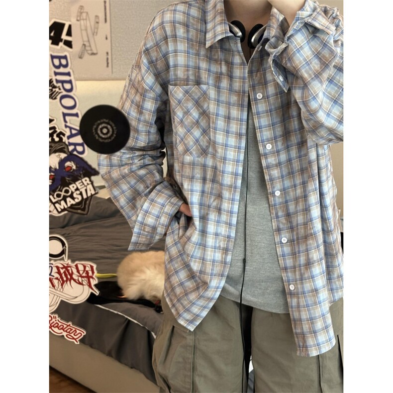 【有货】美式复古炒色格子长袖衬衫男款防晒外套C68CC-特P45图片