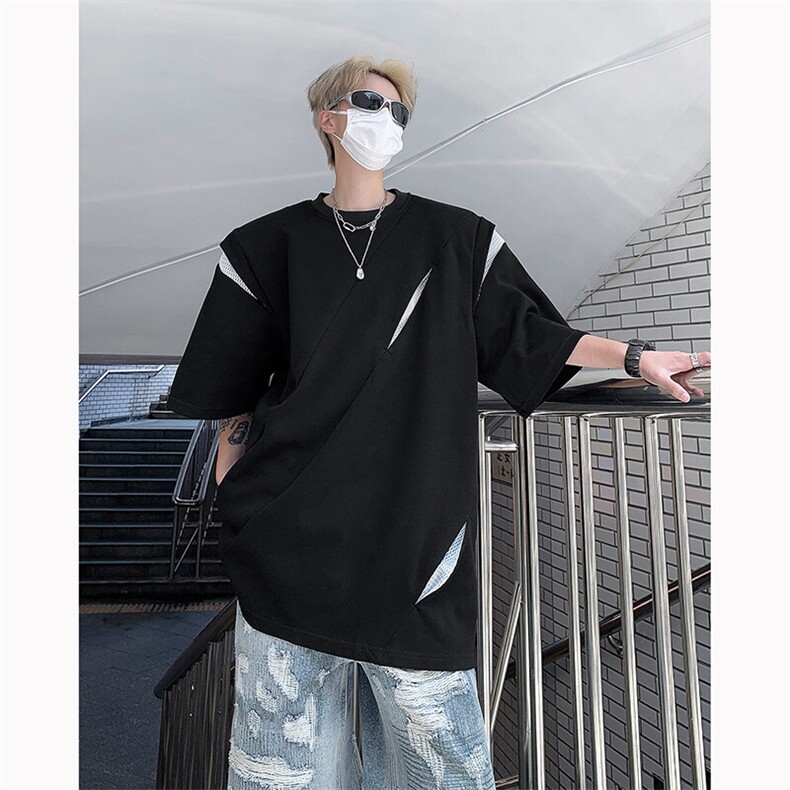 现货！高品质25新加色结构网纱拼接垫肩短袖T恤DX73-P68,男装T恤,电商B288