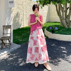 玫粉色短袖撞色碎花半身裙两件套女2025夏季新款休闲显瘦时尚套装，女装套装/套裙，2C159
