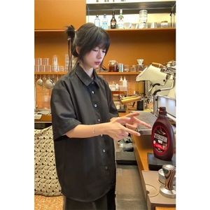 黑色短袖衬衫男夏季高级感冰丝垂感衬衣cleanfit外套LA67188-P38图片