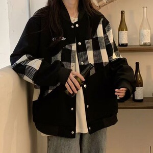 美式复古拼接棋盘格棒球服外套女春秋季宽松百搭休闲学生夹克图片