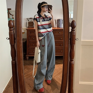 女夏季新款时尚休闲套装高端欧货POLO条纹短袖上衣高腰长裤两件套图片