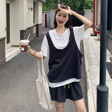 小个子运动休闲套装女2025夏季新款学院风假两件T恤短裤两件套潮，女装套装/套裙，浙宝217