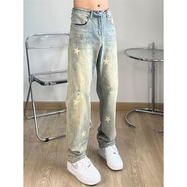 直筒牛仔裤男春季潮牌时尚宽松黄泥水洗星星印花牛仔裤潮,男装牛仔裤,星座506A