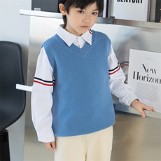 时尚儿童纯色马甲秋季男女童可爱领结设计保暖舒适无袖针织衫，童装马夹/背心，冰晶童装