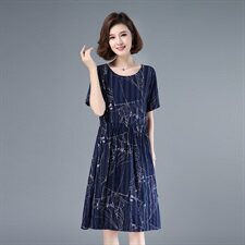 2021年夏季通勤中长款A字裙立体装饰短袖韩版40-49周岁裙子，女装连衣裙，伊满意