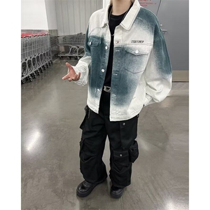 美式小众喷染牛仔夹克男春秋季潮牌复古嘻哈工装休闲宽松翻领外套图片