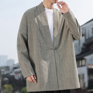 2026风男春夏长外套褂子盘扣条纹提花风衣仿麻披风 J09-P105图片