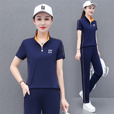 夏季立领短袖运动服套装女2023新款中年妈妈时尚休闲跑步服两件套，女装套装/套裙，燕颉服饰