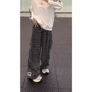 黑白格子裤子男秋季美式复古小香风阔腿裤宽松直筒休闲长裤图片