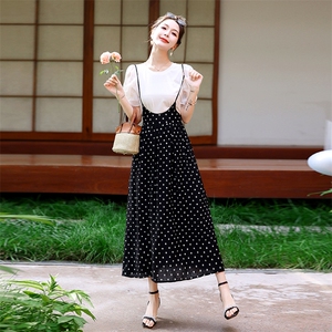 时尚套装裙女欧洲站2024夏季新款欧货泡泡袖T恤+波点吊带连衣裙潮图片