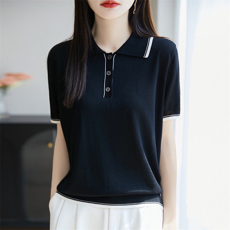 polo领拼色短袖2025夏季新款减龄t恤女士洋气别致上衣服,女装T恤,广悦羊绒
